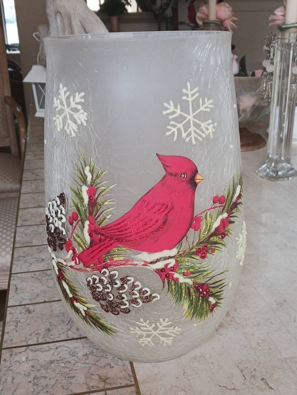 Vase/Hurricane W/Cardinal By VALERI/QVC, 11" TALL,"crackle glass" NEW ITEM